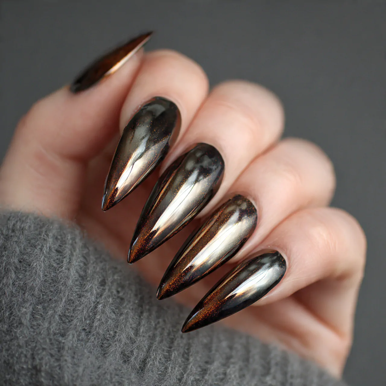 burnished bronze chrome tips nails