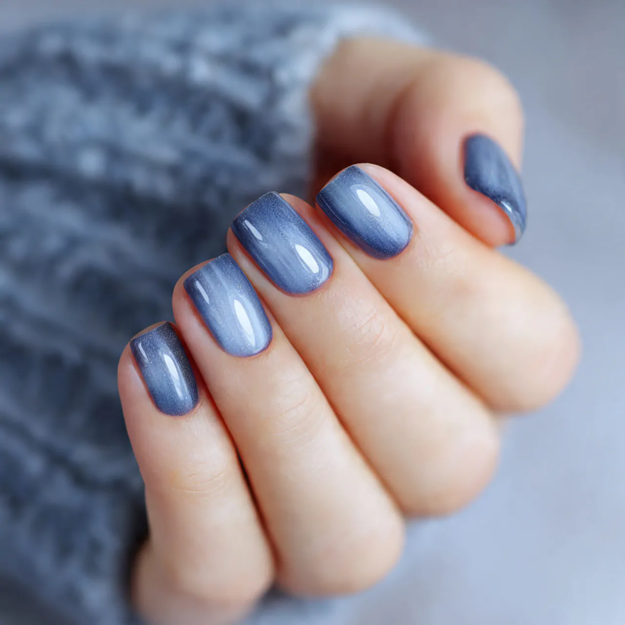 dusty blue cat eye nails on short square nails