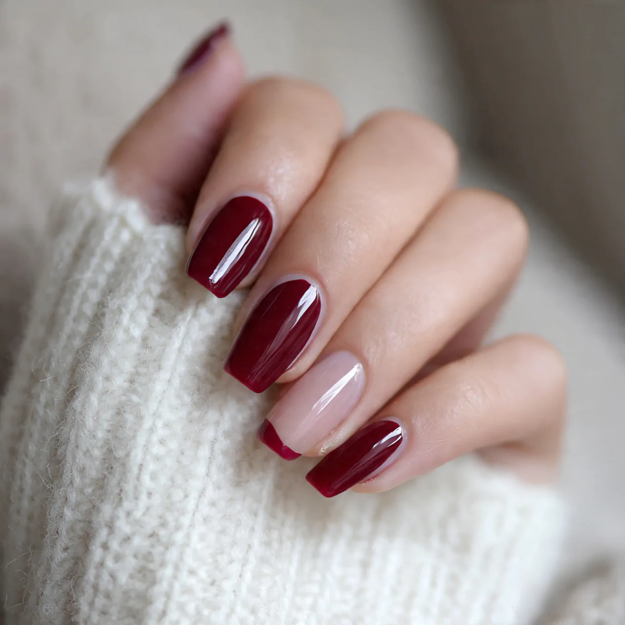 glossy maroon micro french tips nails