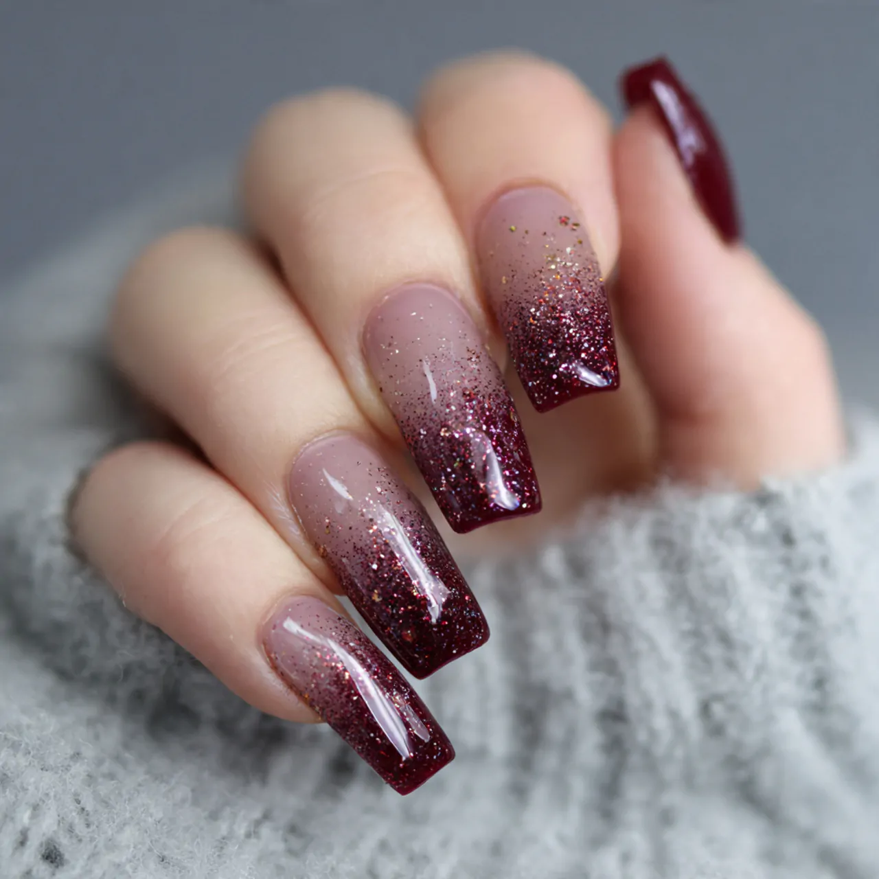 maroon glitter fade tips nails