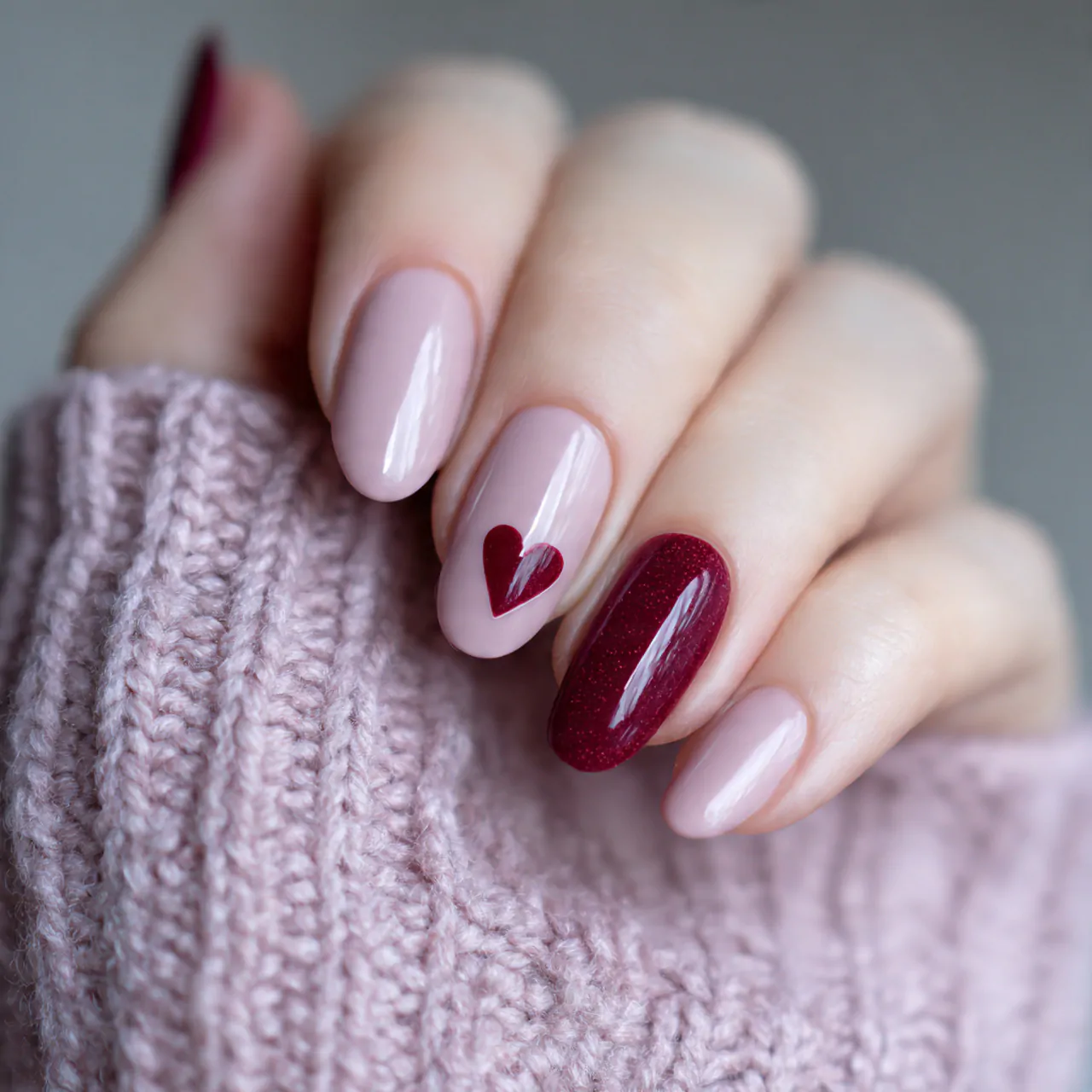 maroon heart accent nails on a milky pink base nai