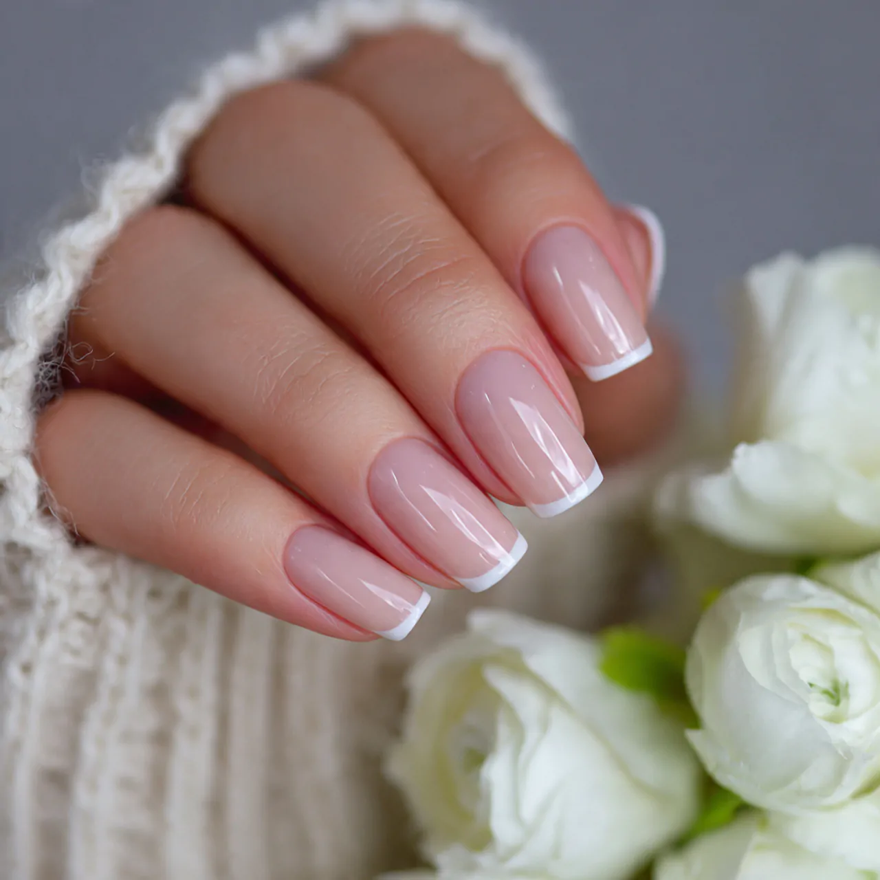 micro french tips on a sheer base nails 2