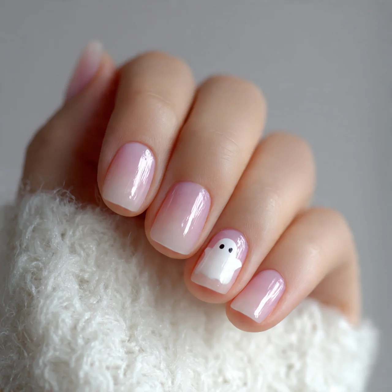 milky nails with one tiny ghost accent nails