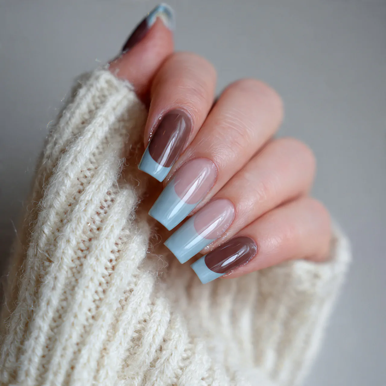 Blue and Brown Nails: 15 Stylish Color Combos That Feel Modern, Chic, and Wearable 1 mocha and dusty blue french tips nails