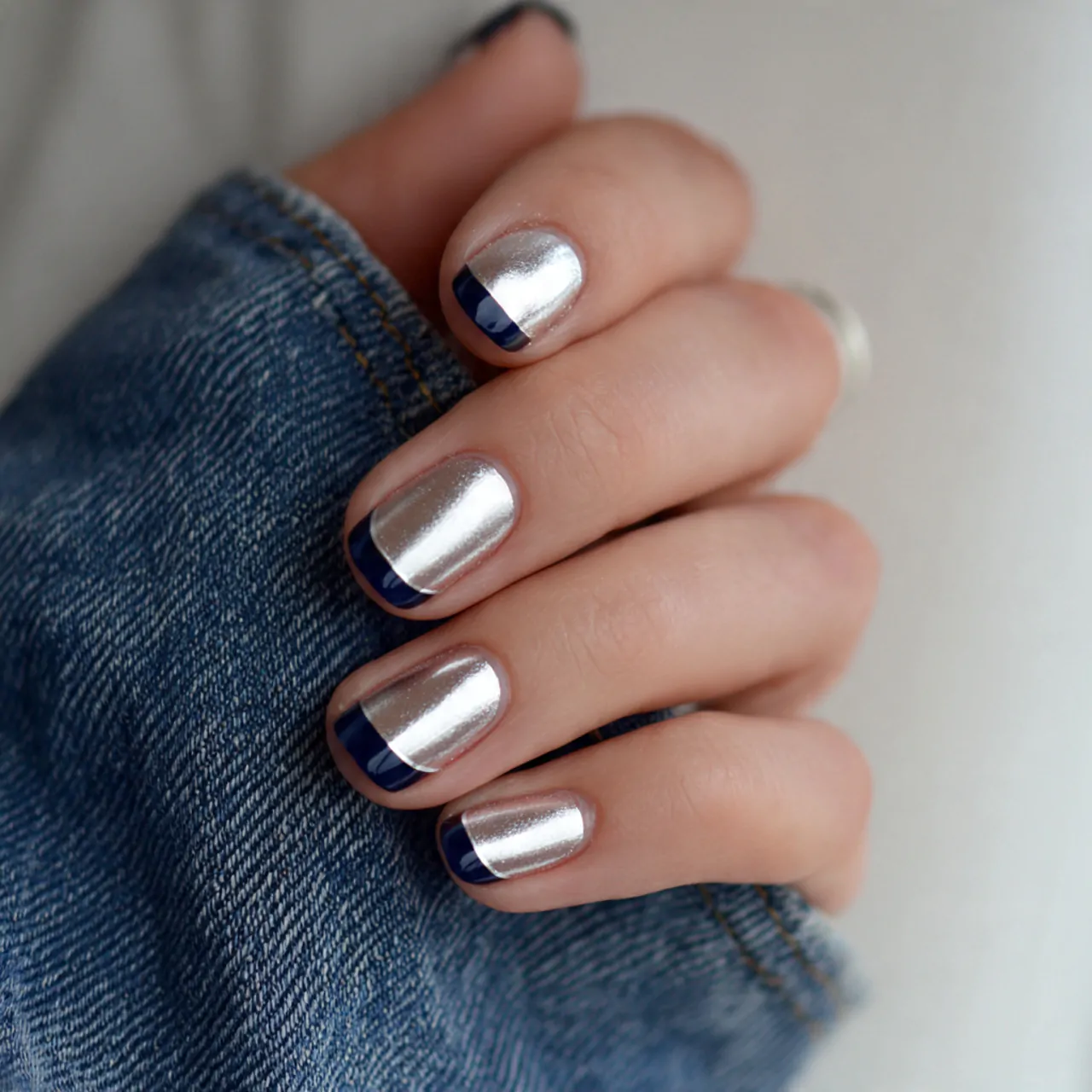 navy and silver french tips nails