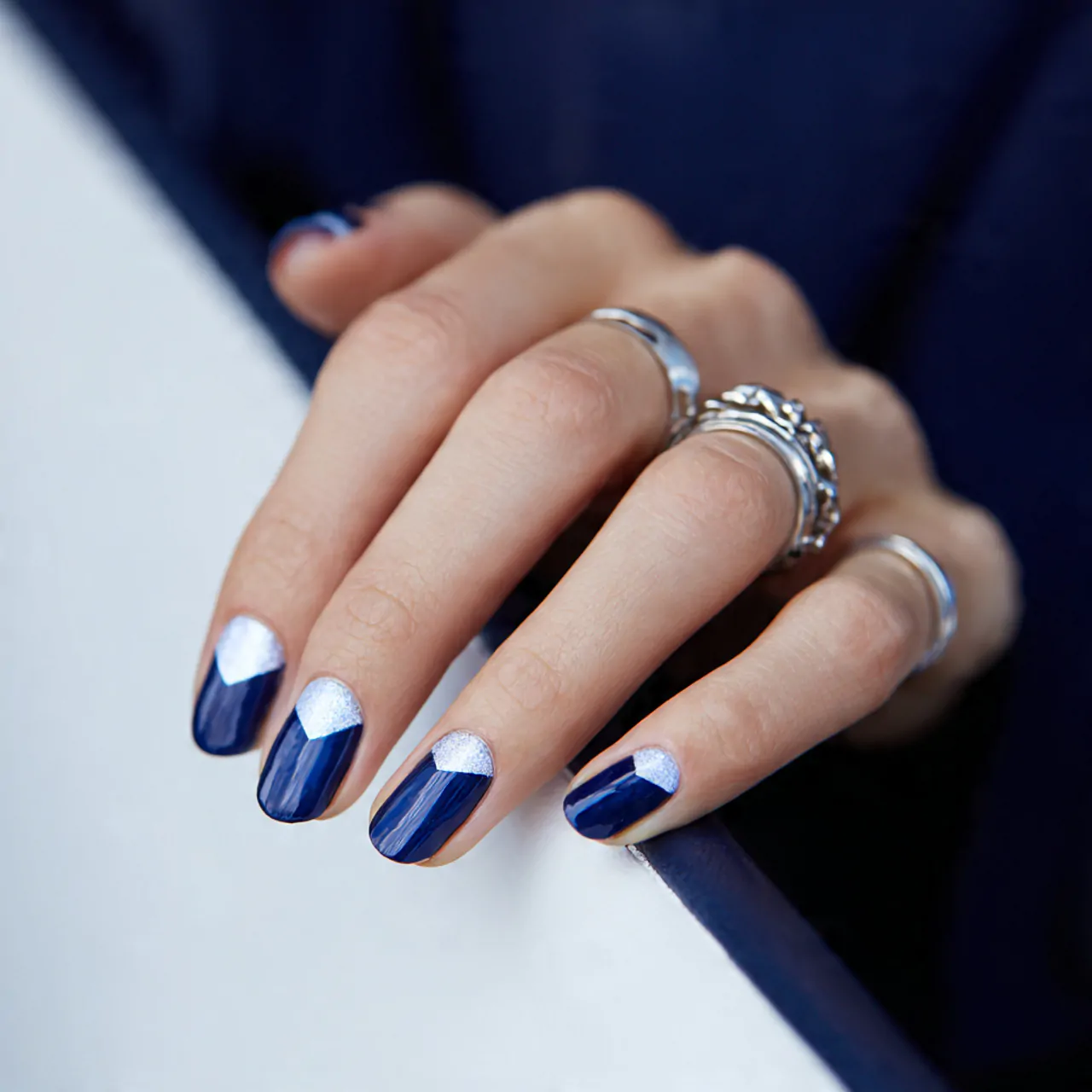 navy negative space nails