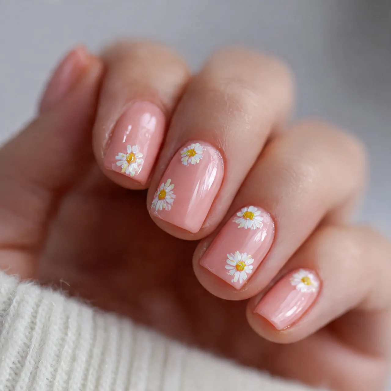 Nail Art Aesthetic: 15 Stylish Designs That Look Beautiful and Wear Well 9 peachy nails with tiny daisy accents nails