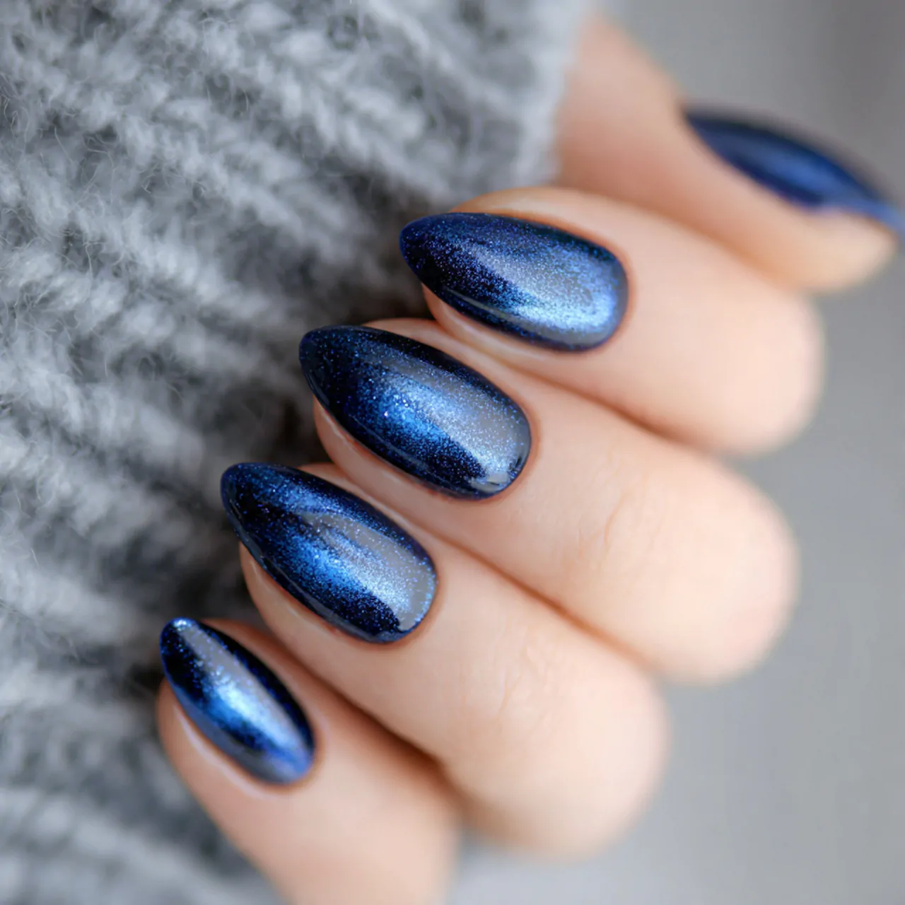 sapphire blue cat eye almond nails 1