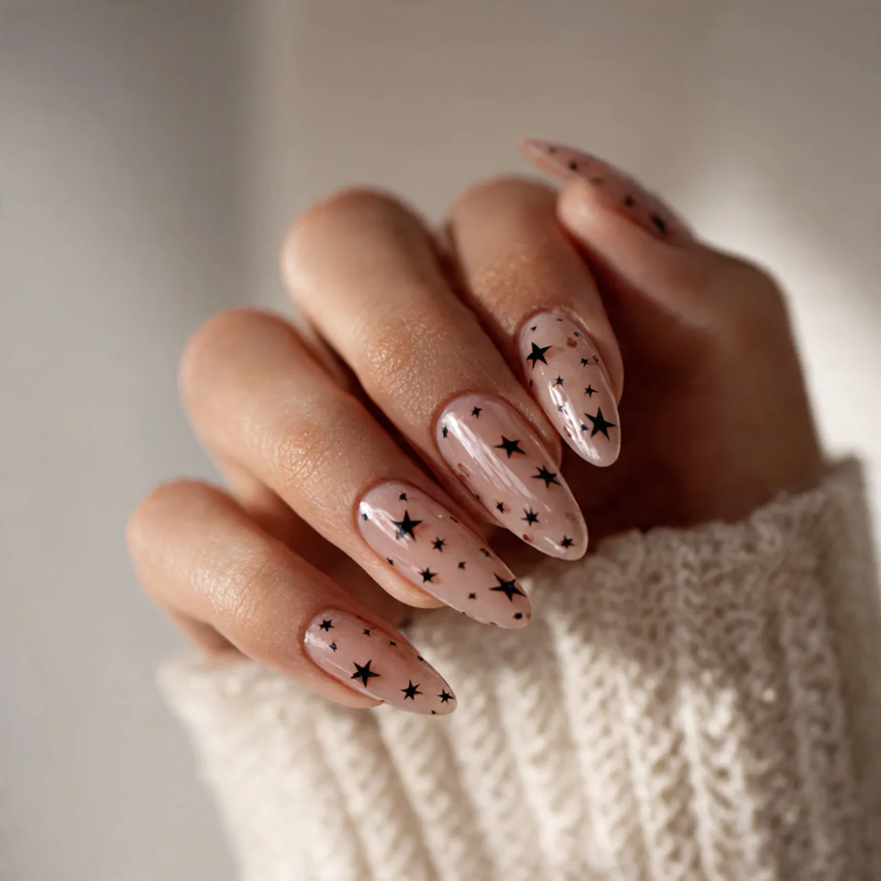 sheer nails with tiny black stars nails