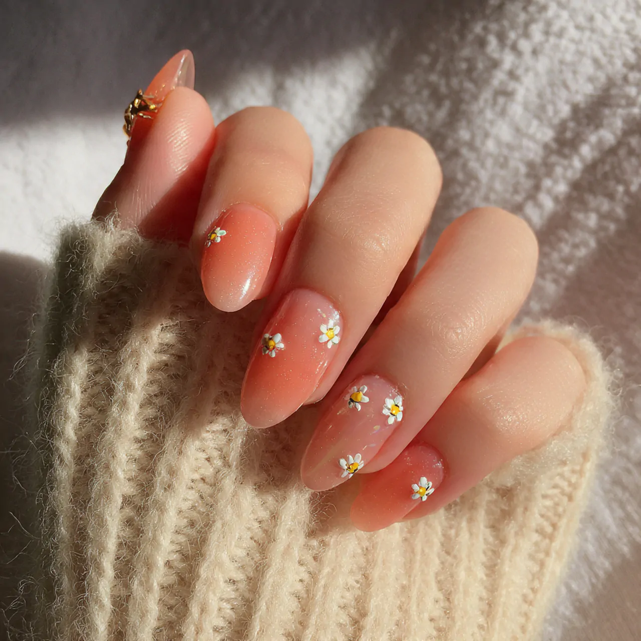 sheer peach nails with tiny daisy accents nails 1