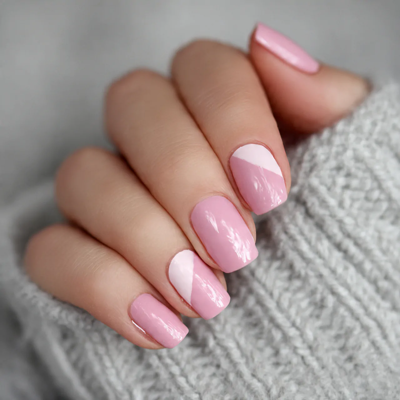 soft pink nails with a diagonal color block nails
