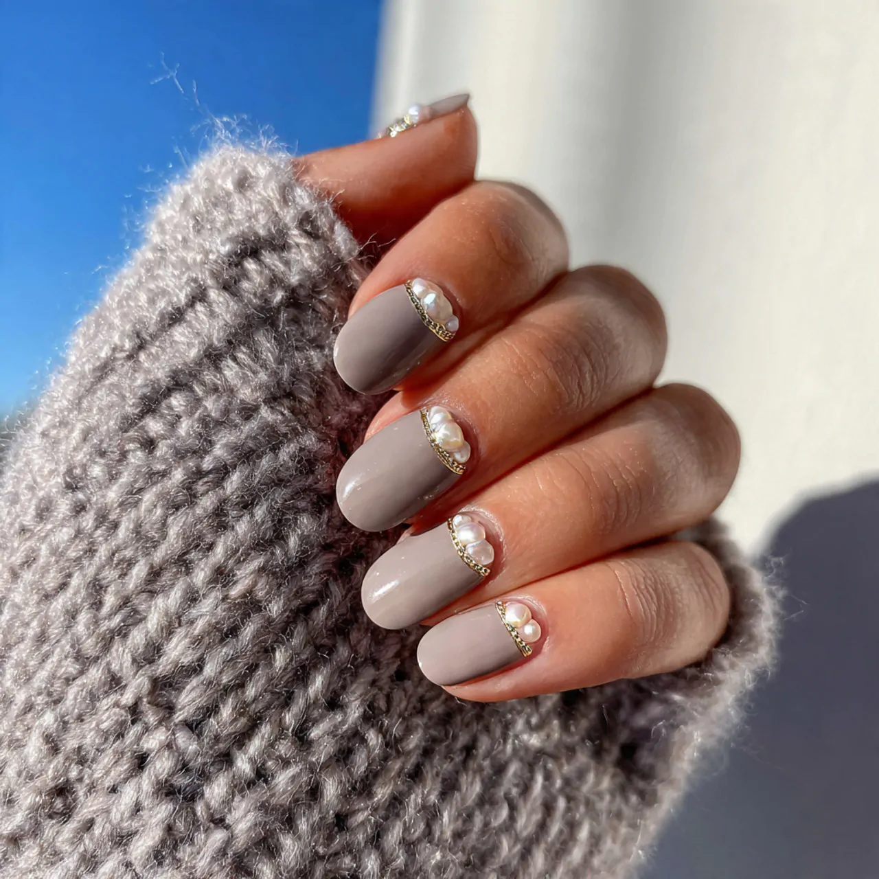 taupe nails with pearl half moons nails