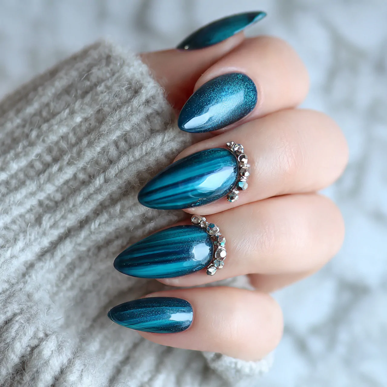 teal blue cat eye nails with silver accents nails